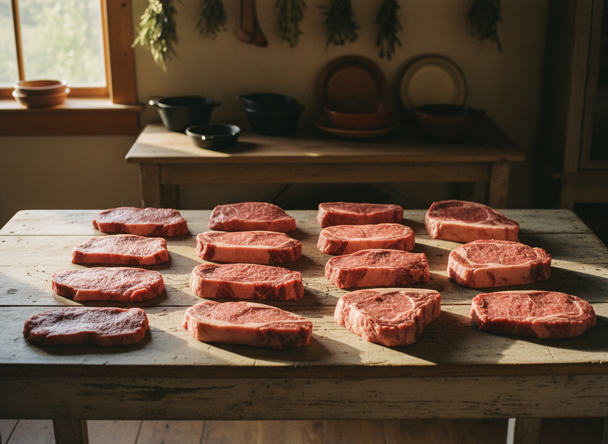 A dozen steaks of visibly different thicknesses arranged on a large wooden table, overhead.