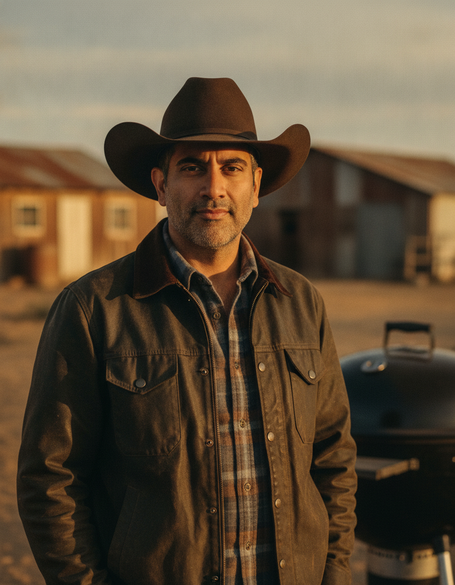 Sunder, the rancher behind SunderSteaks, in a felt hat and waxed-canvas jacket at golden hour.