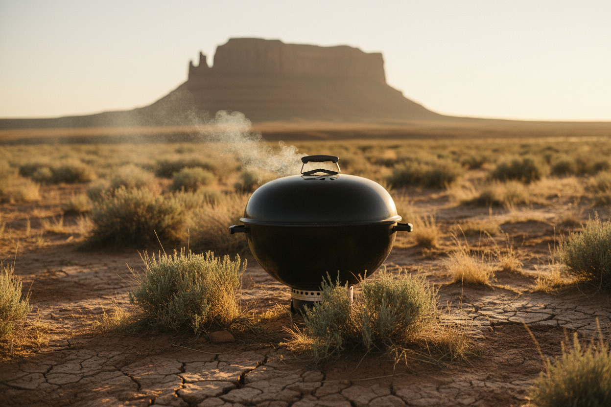 A black cast iron kettle barbecue with the lid closed, a thin line of smoke rising, on desert ranch ground at golden hour.