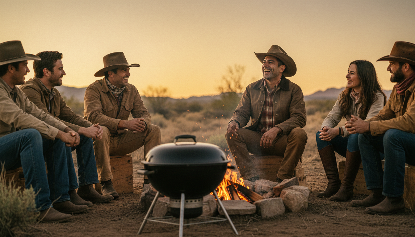 A group of friends relaxed around a campfire at dusk, with a closed kettle barbecue in the foreground that nobody is watching.