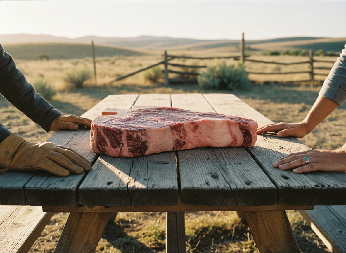 One comically enormous steak covering a full-size picnic table, with people's hands at the edges for scale.