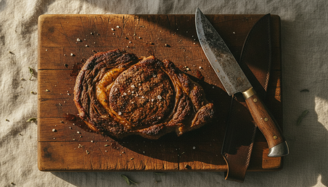 Overhead view of one thick, seared steak resting on a worn wooden board beside a ranch knife.