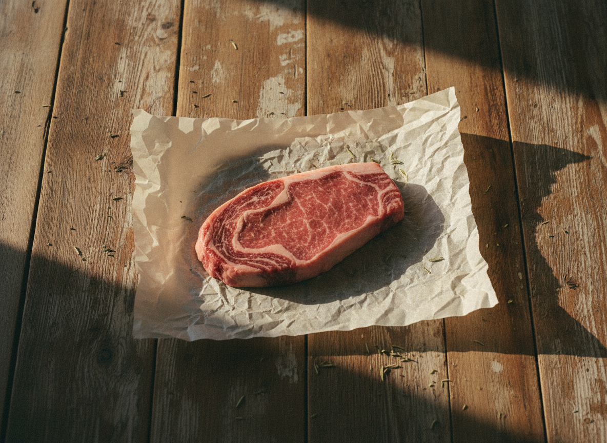 A single modest steak on a sheet of butcher paper, overhead.